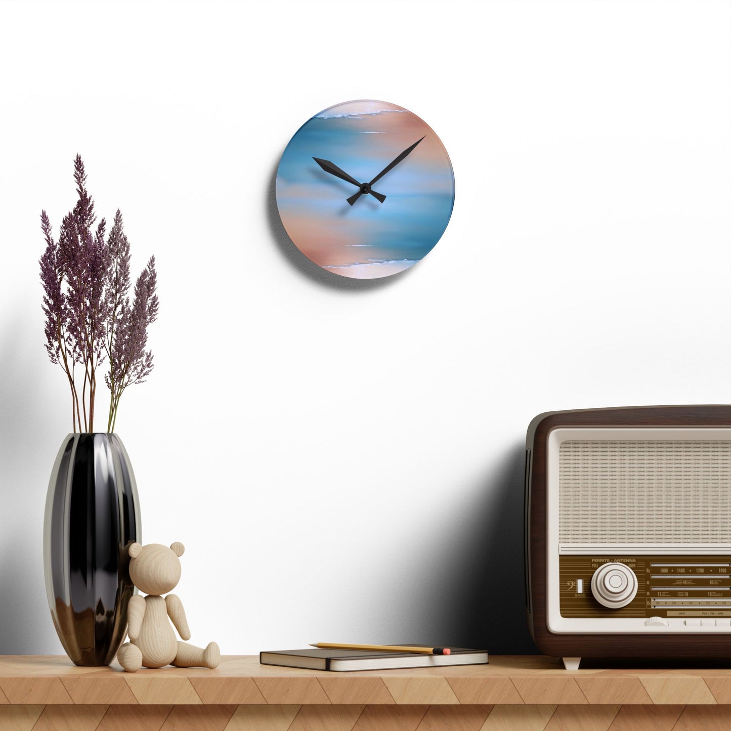 Blue Sea Peach Fog Acrylic Round Wall Clock, 8" x 8"
