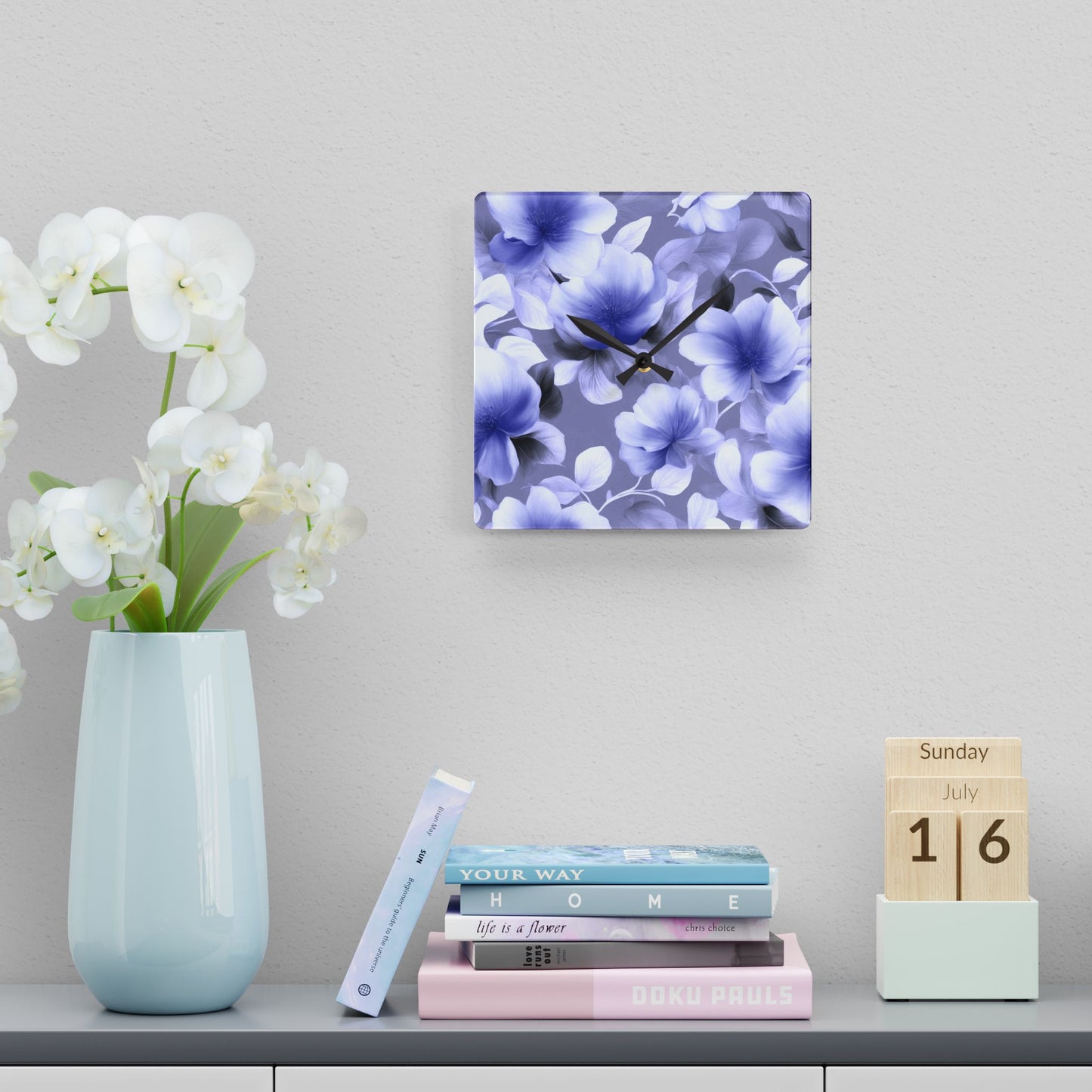 Indigo Blossom Floral Bunch Acrylic Wall Clock, Round or Square, 10.75" x 10.75"