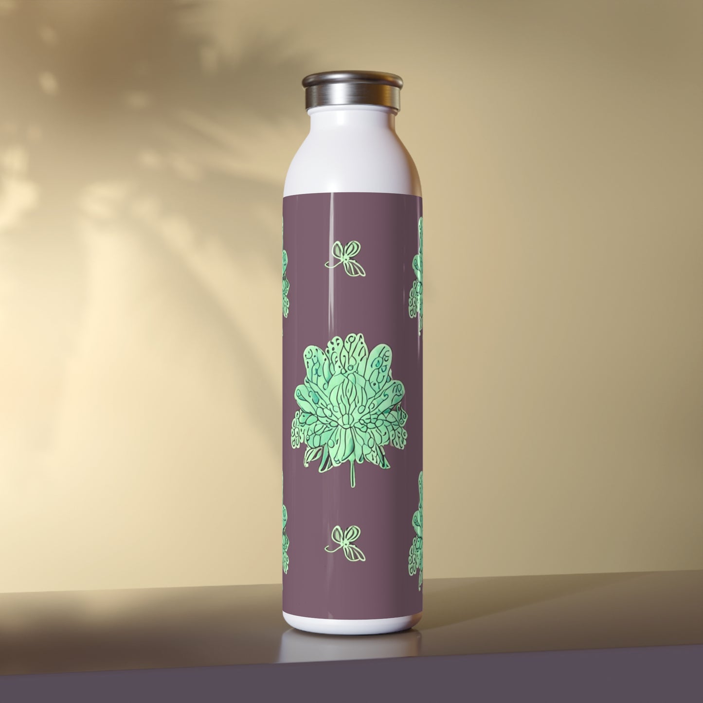 Mint Green Floral Butterflies Slim Water Bottle, 20 oz White