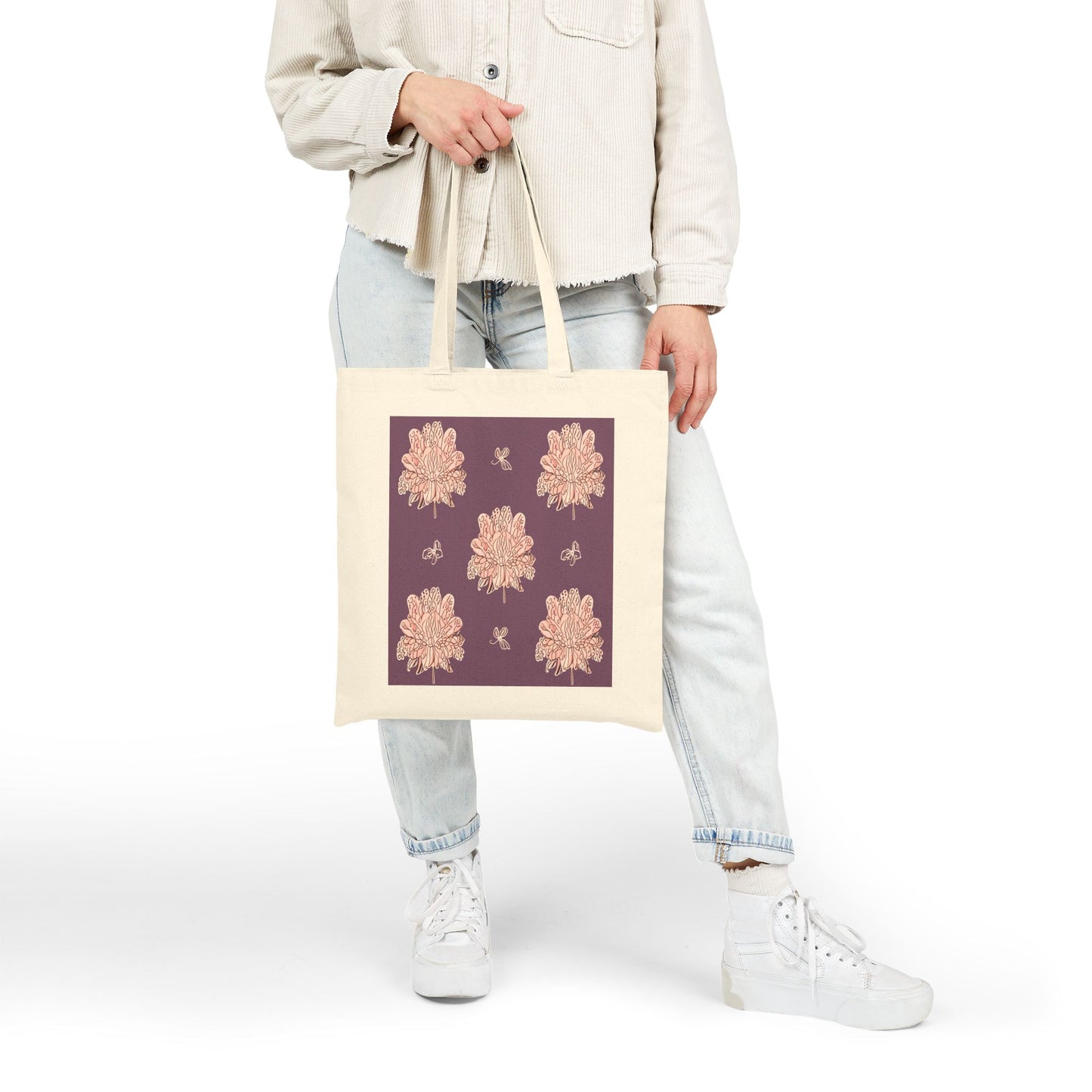 Pink Floral Butterflies Cotton Canvas Tote Bag