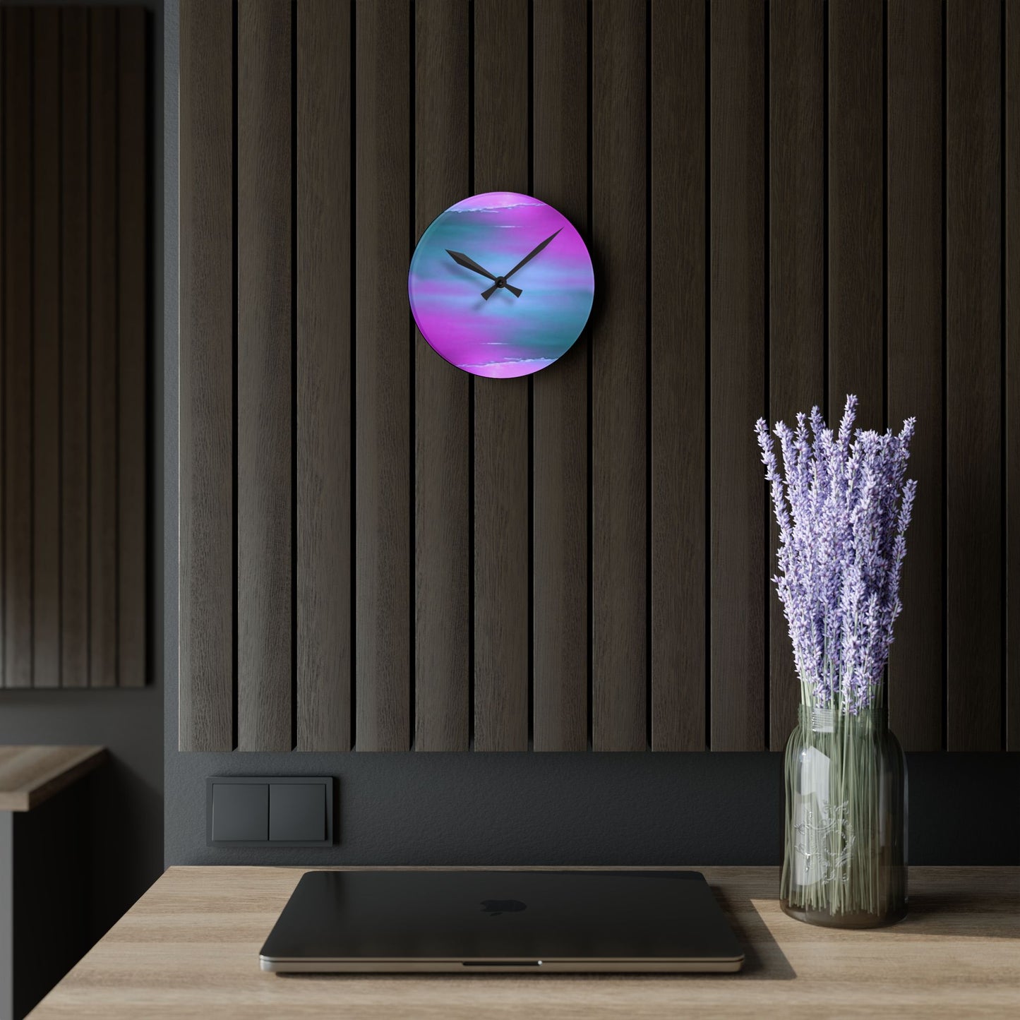 Dark Blue Green Sea Purple Fog Acrylic Round Wall Clock, 8" x 8"