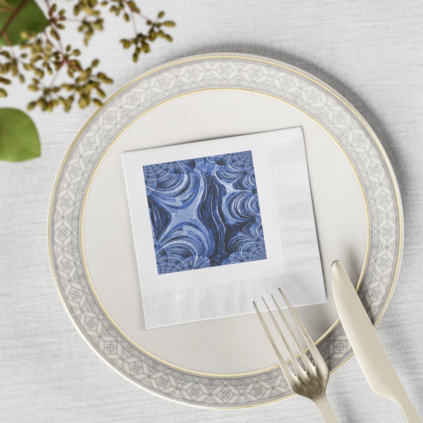 Uzi Spiral Deep Blue Pastel White Coined Napkins, 4.8" x 4.8"