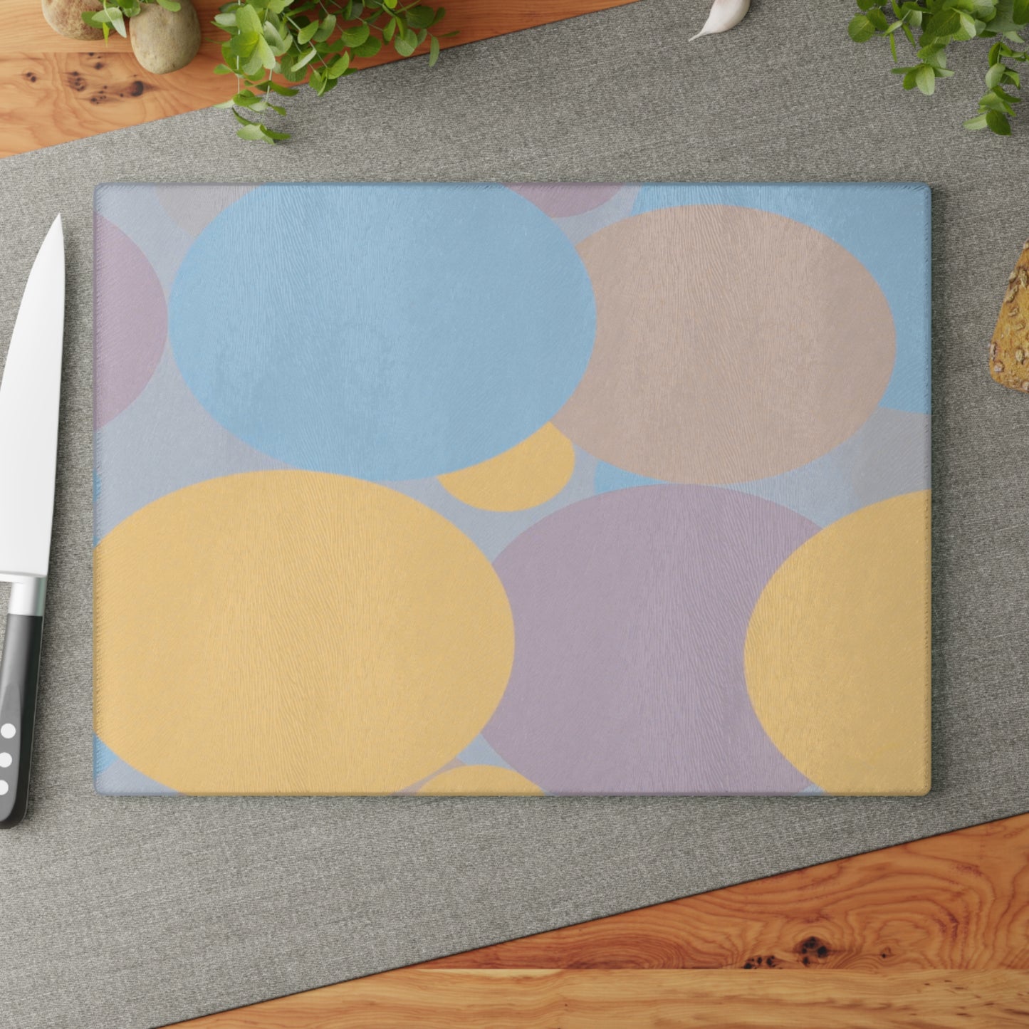 Pastel Baby Blue and Peach Patches 11" x 15" Glass Cutting Board