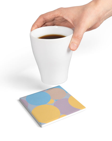 Pastel Baby Blue and Peach Patches 4" x 4" Square Ceramic Coaster