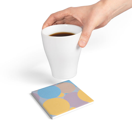 Pastel Baby Blue and Peach Patches 4" x 4" Square Ceramic Coaster
