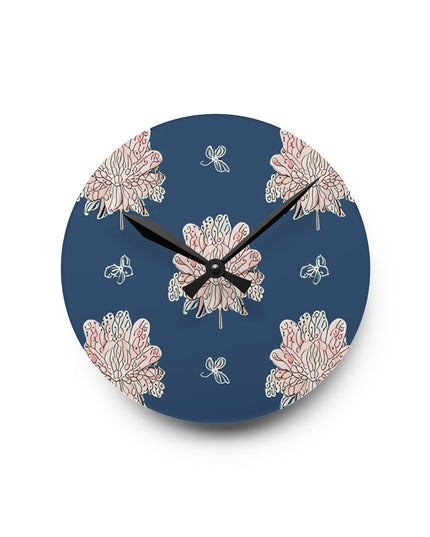 Rose White Floral Butterflies Acrylic Round Wall Clock, 8" x 8"