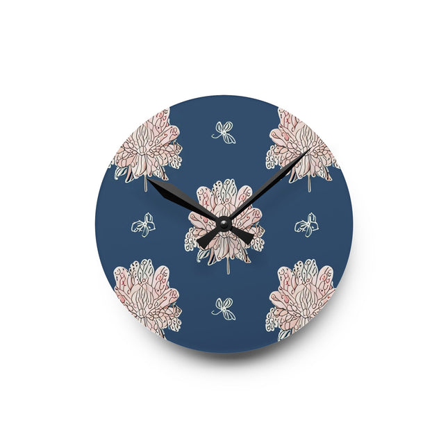 Rose White Floral Butterflies Acrylic Round Wall Clock, 8" x 8"