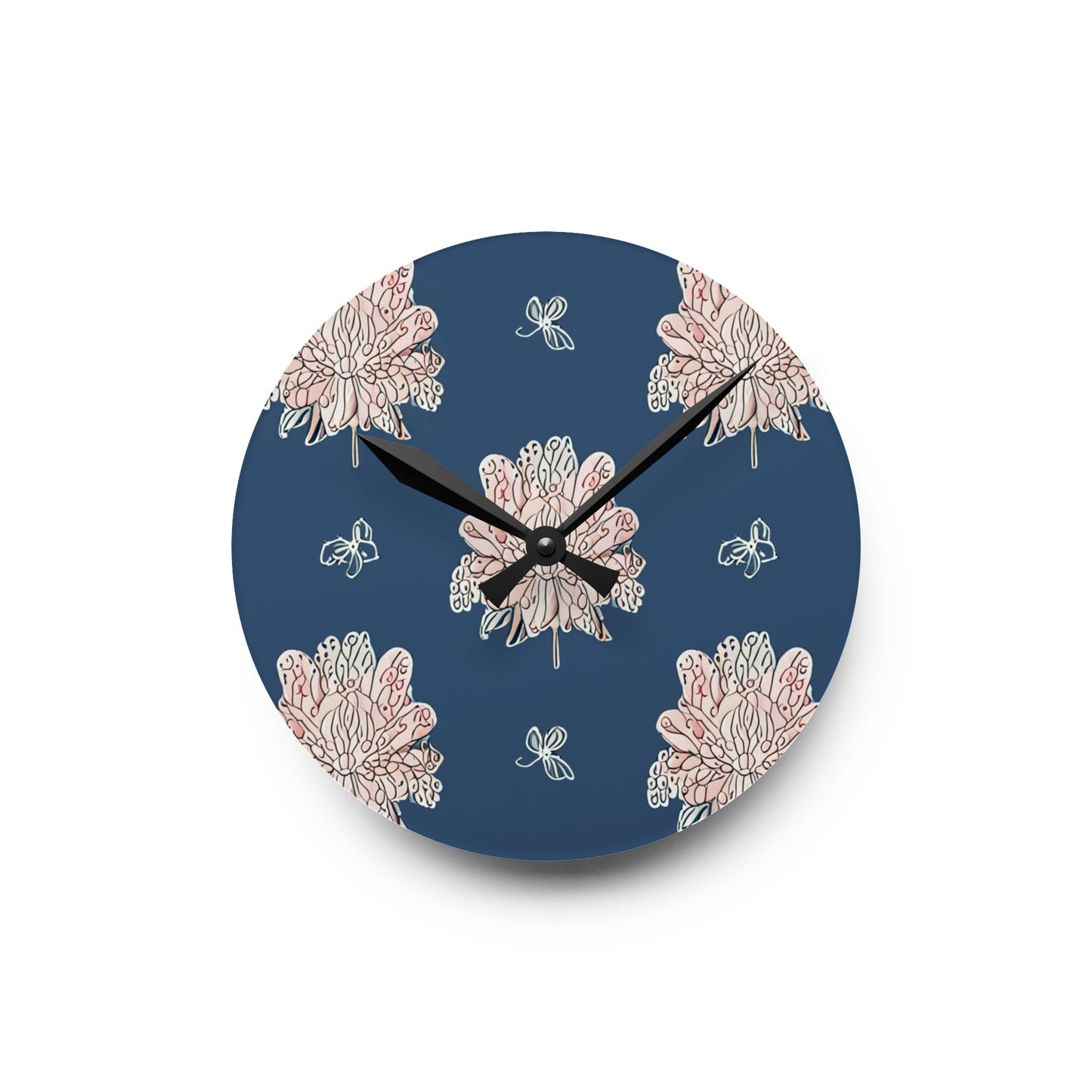 Rose White Floral Butterflies Acrylic Round Wall Clock, 8" x 8"