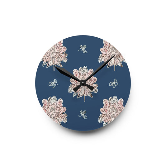 Rose White Floral Butterflies Acrylic Round Wall Clock, 8" x 8"