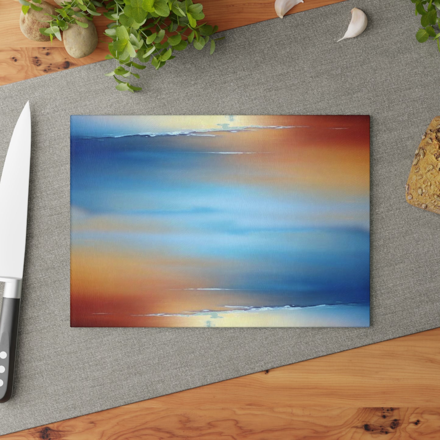 Blue Sea Red Orange Fog 8" x 11" Glass Cutting Board