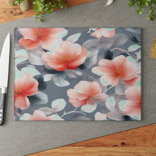 Red Blossom Floral Bunch Glass Cutting Board, 11" x 15"