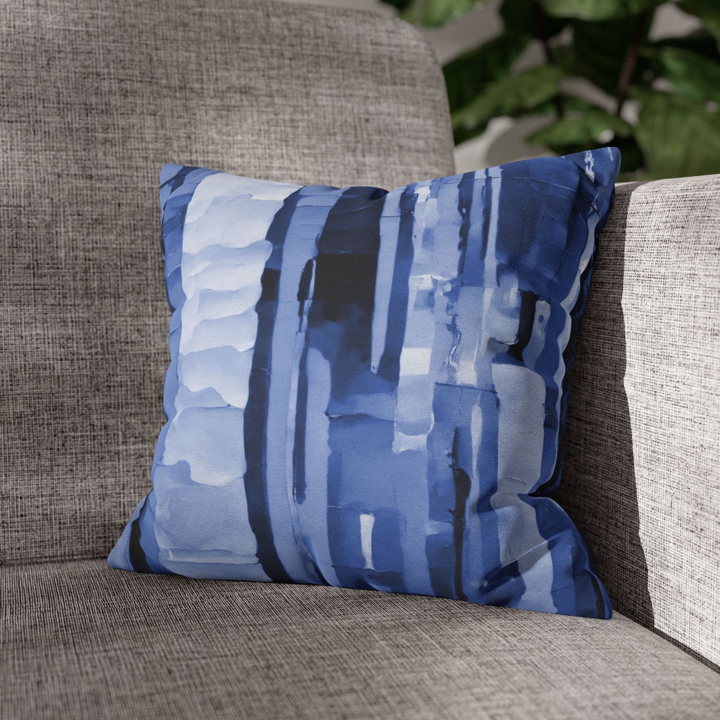 Striped Deep Blue Spun Polyester Square Pillowcase, 14" x 14"