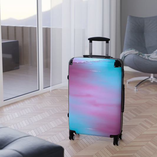 Wine Sea Blue Fog Medium Suitcase with built in lock, 4 double-wheels, telescopic handle, and ABS back hard-shell