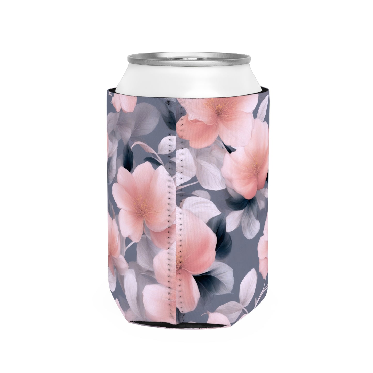 Peach and Blue Gray Floral Bunch 12 oz Can Cooler Sleeve