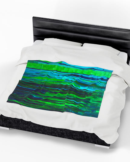 Striped Blue Green Velveteen Plush Blanket, 50" x 60"