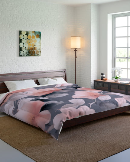 Peach and Blue Gray Floral Bunch Comforter, 104" × 88"