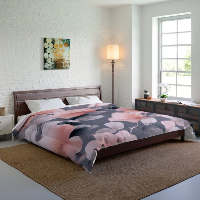 Peach and Blue Gray Floral Bunch Comforter, 104" × 88"