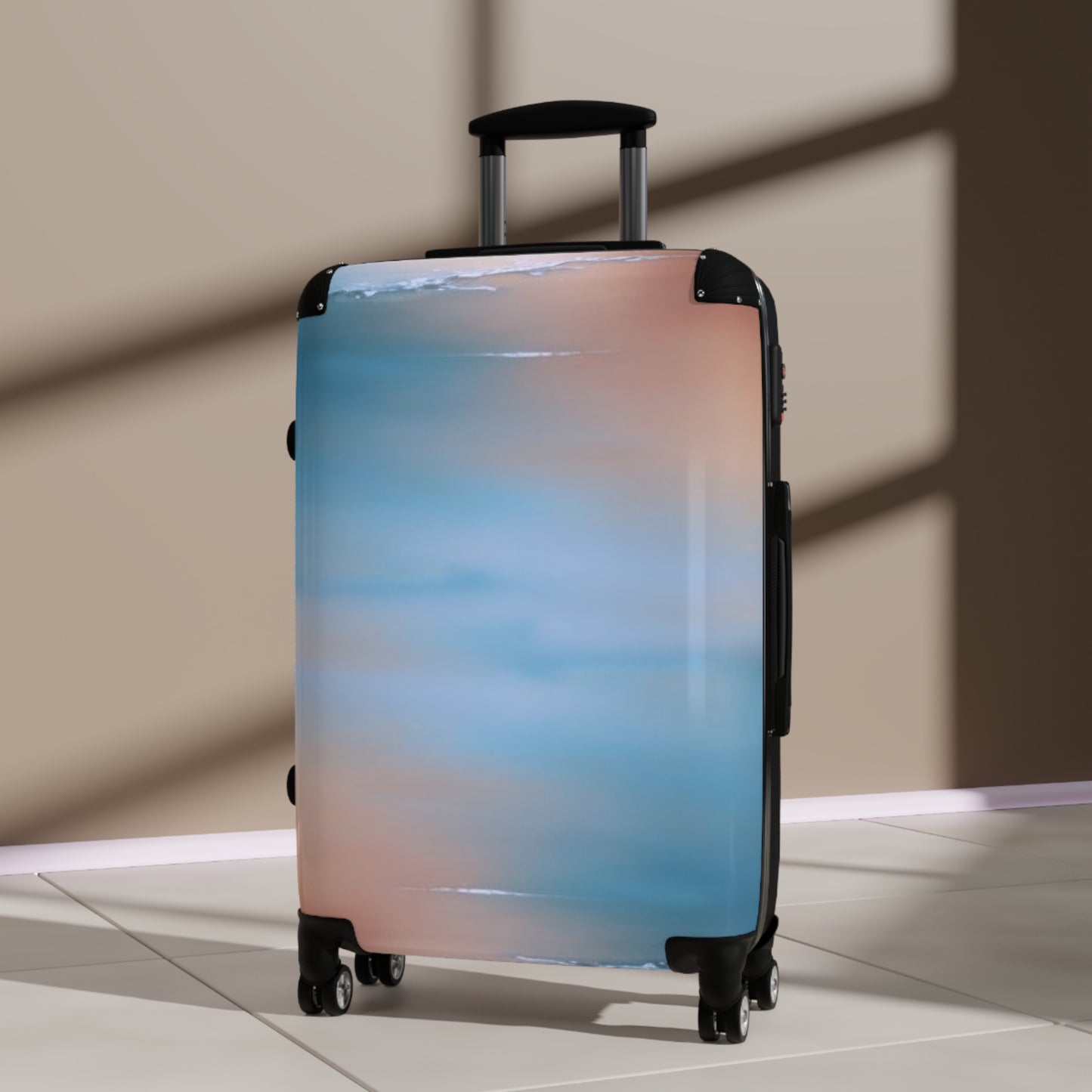 Blue Sea Peach Fog Medium Suitcase with built in lock, 4 double-wheels, telescopic handle, and ABS back hard-shell