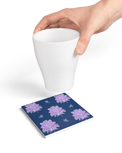 Purple White Floral Butterflies 4" x 4" Square Ceramic Coaster