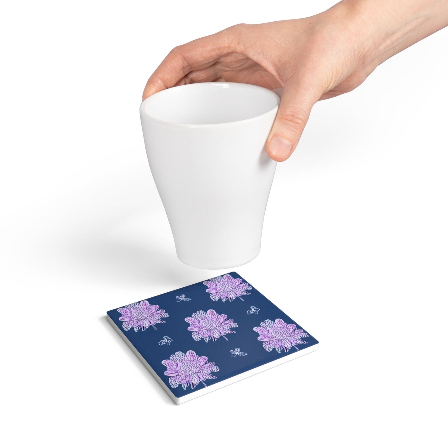 Purple White Floral Butterflies 4" x 4" Square Ceramic Coaster