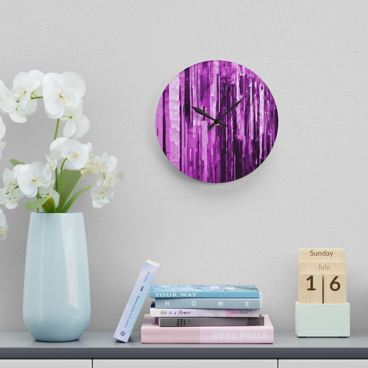 Striped Powder Lavender Acrylic Wall Clock, Round or Square, 10.75" x 10.75"