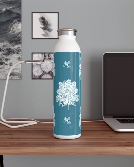 Tif Green White Floral Butterflies Slim Water Bottle, 20 oz White