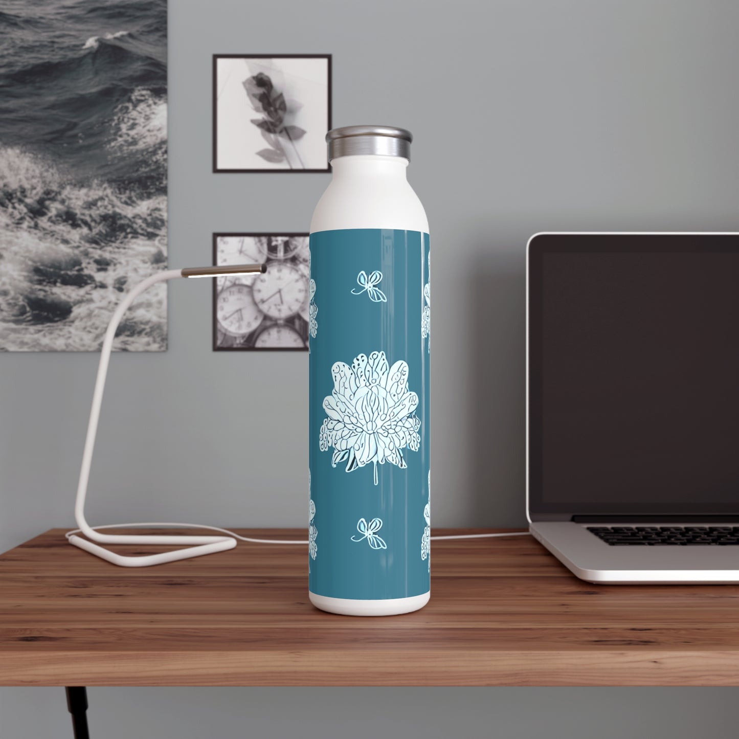 Tif Green White Floral Butterflies Slim Water Bottle, 20 oz White