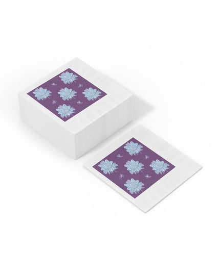 Blue Floral Butterflies White Coined Napkins, 6.5" x 6.5"