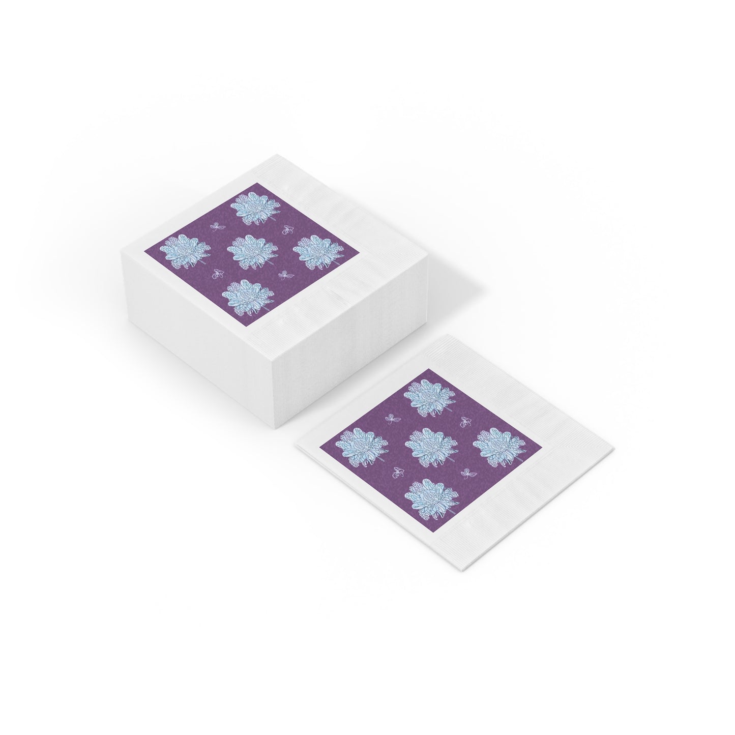 Blue Floral Butterflies White Coined Napkins, 6.5" x 6.5"