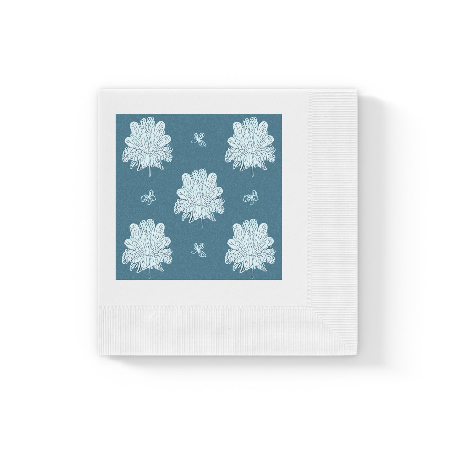 Tif Green White Floral Butterflies White Coined Napkins, 4.8" x 4.8"