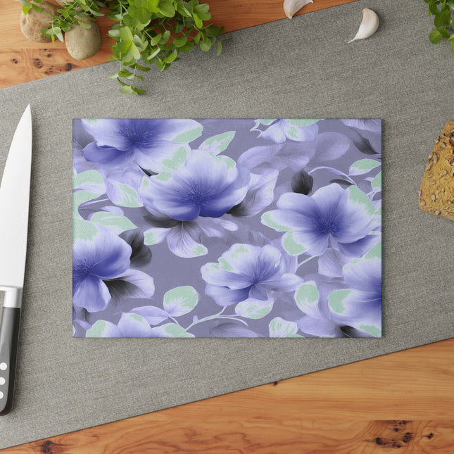Indigo Blossom Floral Bunch Glass Cutting Board, 8" x 11"