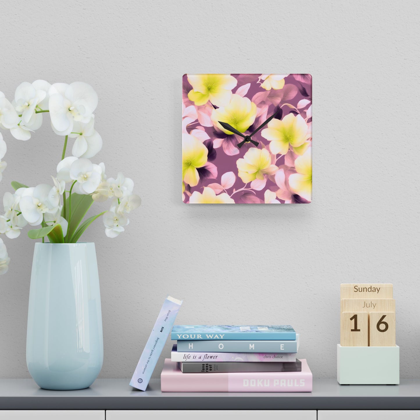 Lemon Blossom Floral Bunch Acrylic Wall Clock, Round or Square, 10.75" x 10.75"