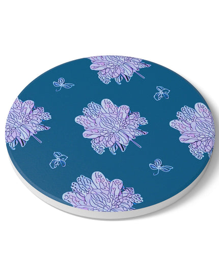 Lavender Floral Butterflies 4" x 4" Round Ceramic Coaster