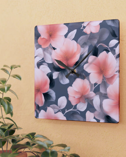 Peach and Blue Gray Floral Bunch Acrylic Wall Clock, Round or Square, 10.75" x 10.75"
