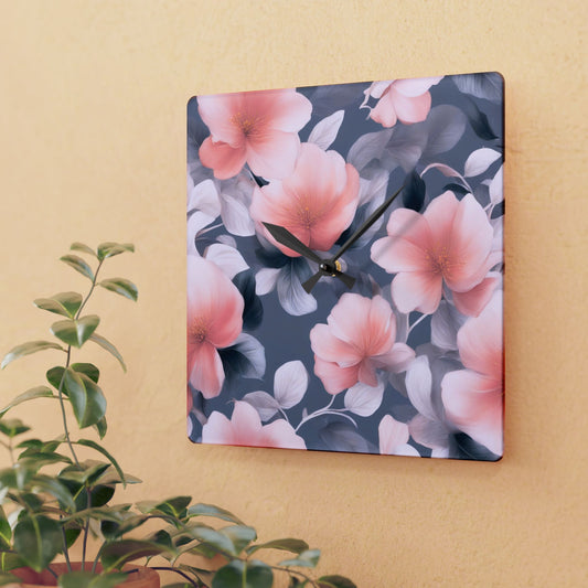 Peach and Blue Gray Floral Bunch Acrylic Wall Clock, Round or Square, 10.75" x 10.75"