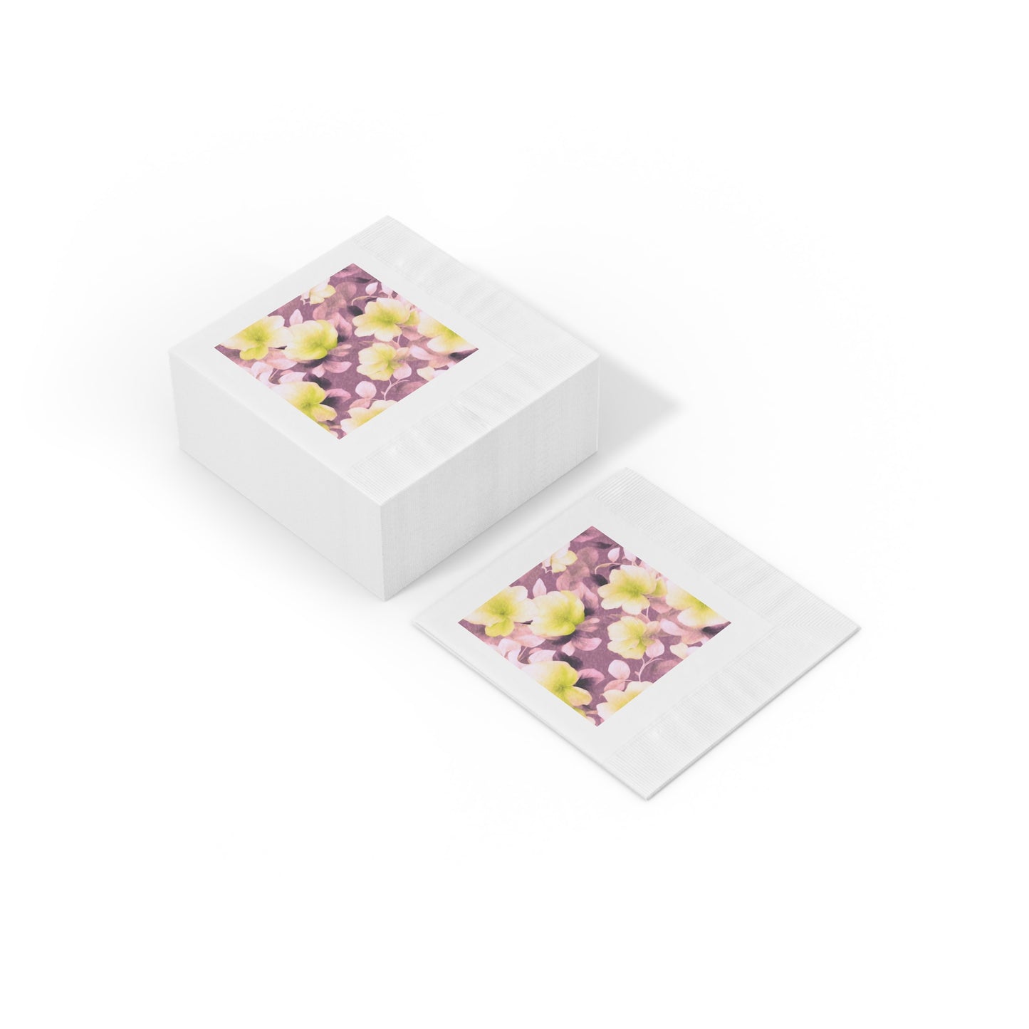 Lemon Blossom Floral Bunch White Coined Napkins, 4.8" x 4.8"