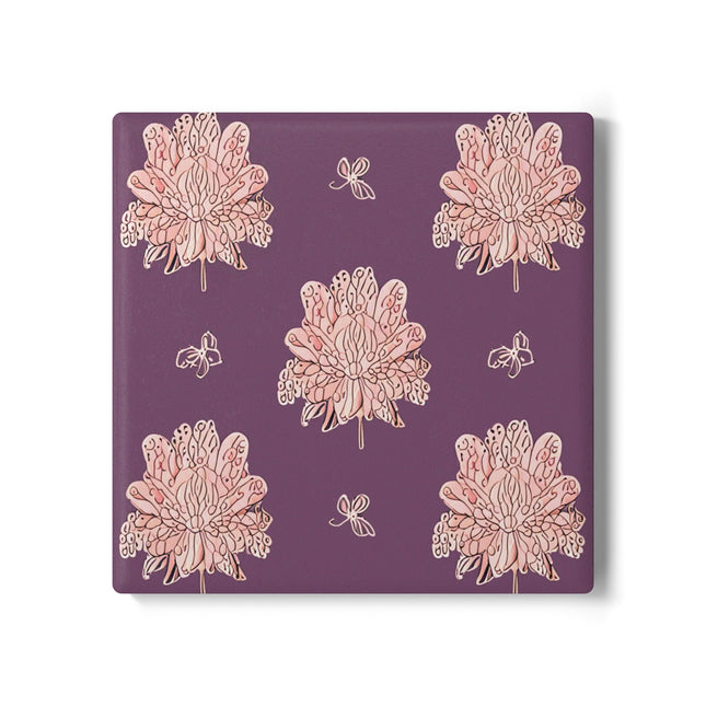 Pink Floral Butterflies 4" x 4" Square Ceramic Coaster