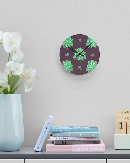 Mint Green Floral Butterflies Acrylic Round Wall Clock, 8" x 8"