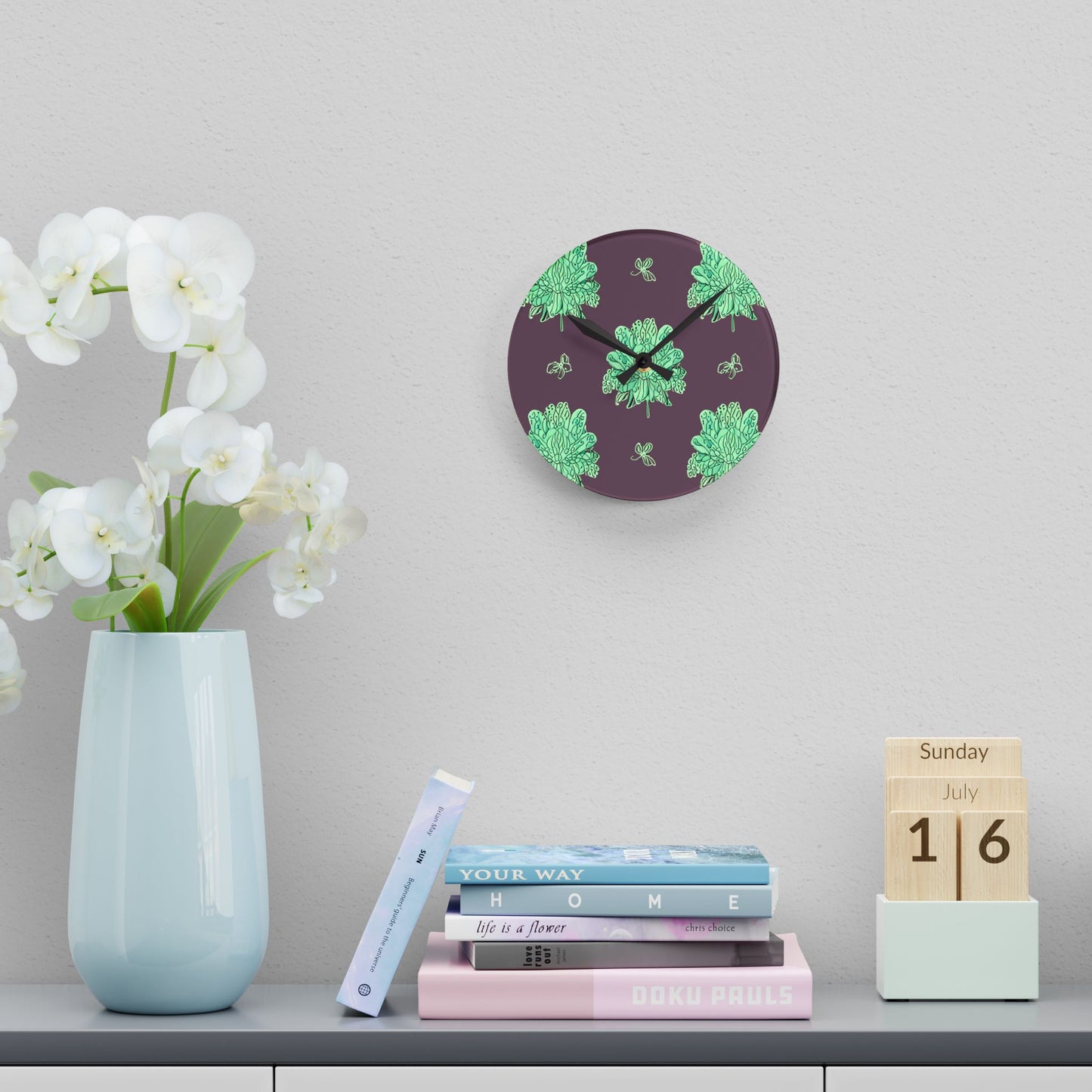 Mint Green Floral Butterflies Acrylic Round Wall Clock, 8" x 8"