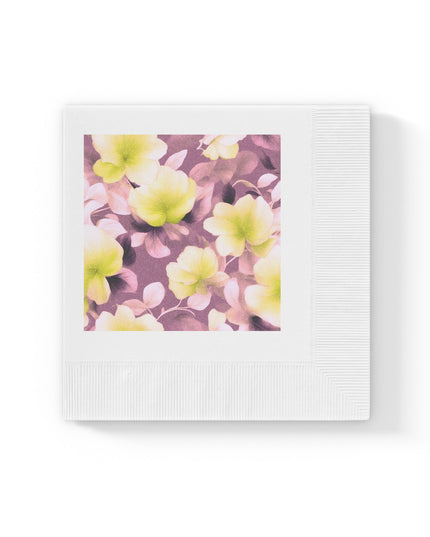 Lemon Blossom Floral Bunch White Coined Napkins, 4.8" x 4.8"
