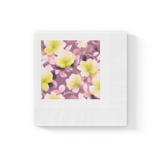 Lemon Blossom Floral Bunch White Coined Napkins, 4.8" x 4.8"