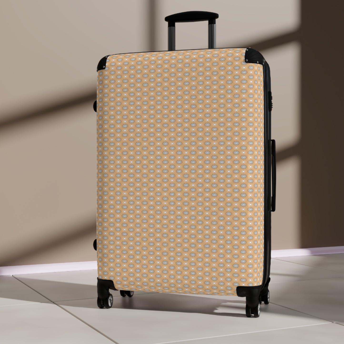 Tan Sunset Star-crossed Bodieses Large Suitcase with built in lock, 4 double-wheels, telescopic handle, and ABS back hard-shell