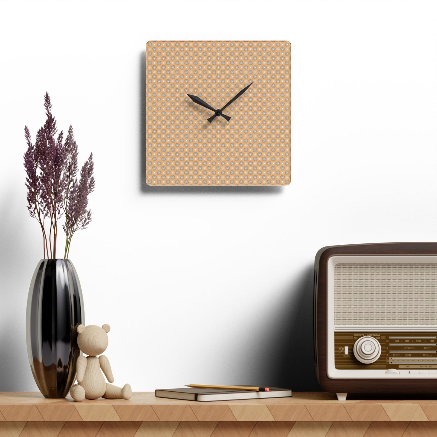Tan Sunset Star-crossed Bodies Acrylic Wall Clock, Round or Square, 10.75" x 10.75"