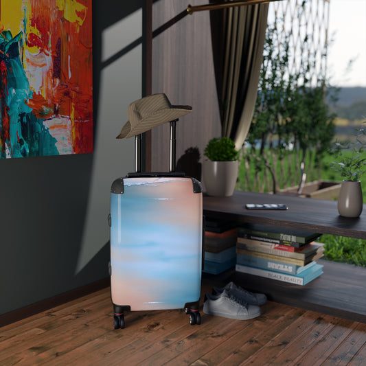 Blue Sea Peach Fog Small Suitcase with built in lock, 4 double-wheels, telescopic handle, and ABS back hard-shell