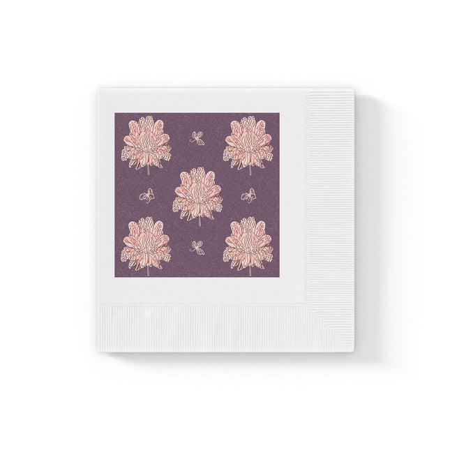 Pink Floral Butterflies White Coined Napkins, 4.8" x 4.8"