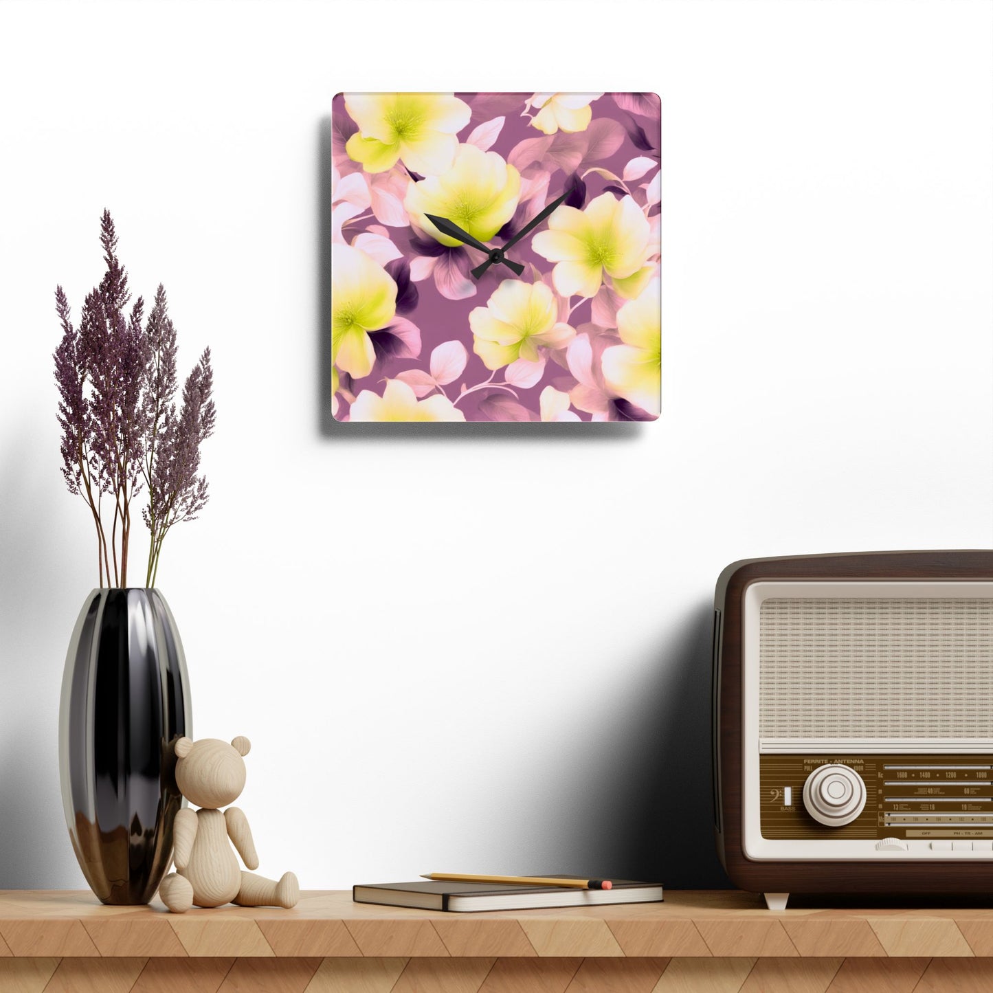 Lemon Blossom Floral Bunch Acrylic Wall Clock, Round or Square, 10.75" x 10.75"
