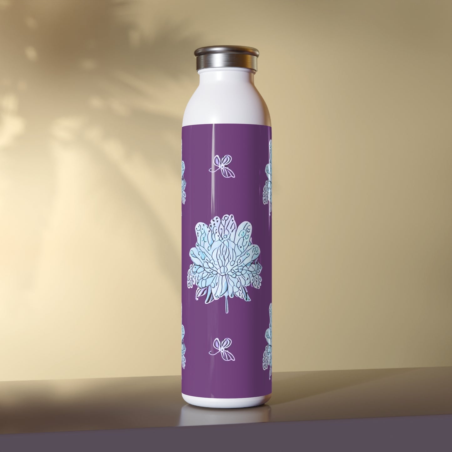 Blue Floral Butterflies Slim Water Bottle, 20 oz White