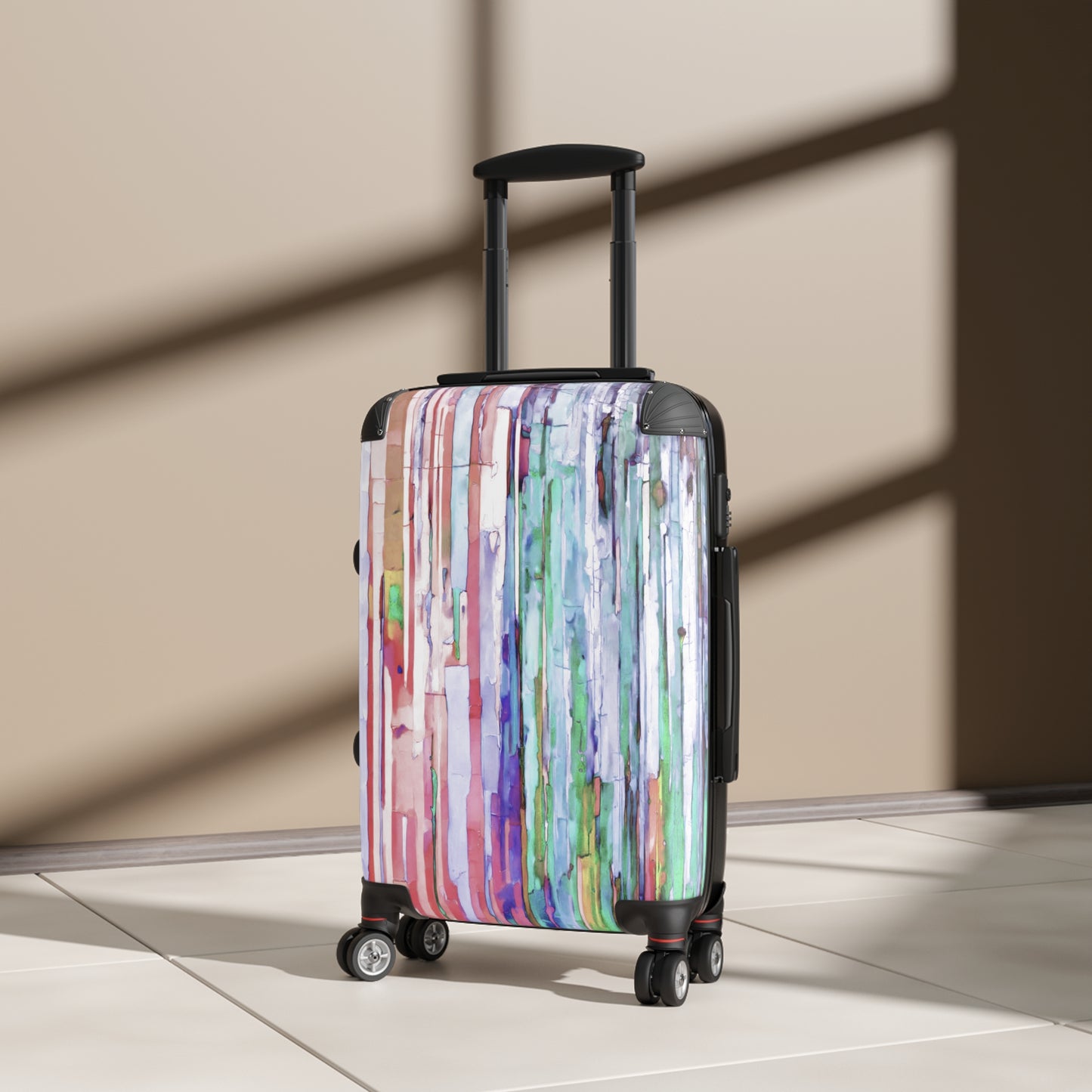 Striped Pastels Small Suitcase with built in lock, 4 double-wheels, telescopic handle, and ABS back hard-shell