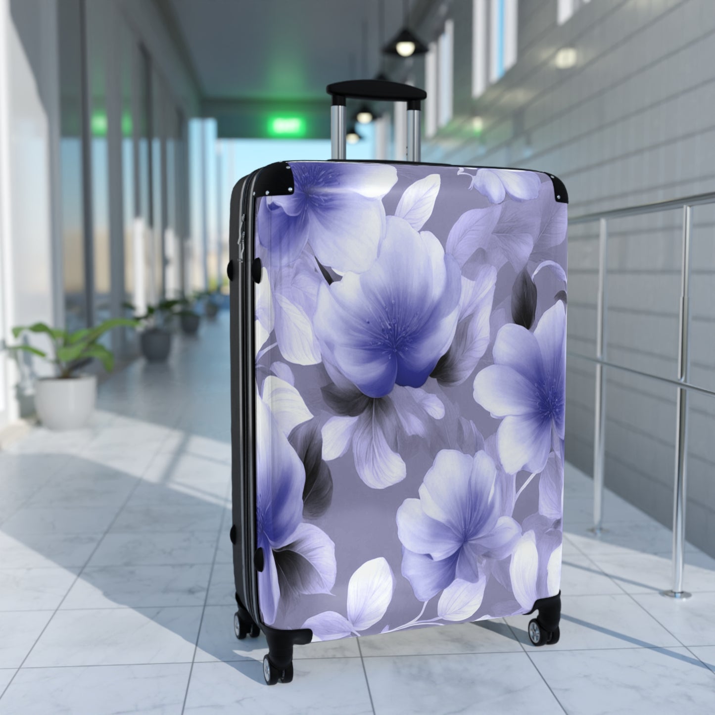 Indigo Blossom Floral Bunch Large Suitcase with built in lock, 4 double-wheels, telescopic handle, and ABS back hard-shell