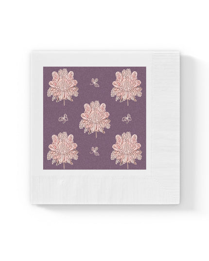 Pink Floral Butterflies White Coined Napkins, 6.5" x 6.5"
